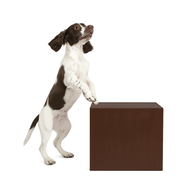 Spaniel standing up against a box of Peteets packs